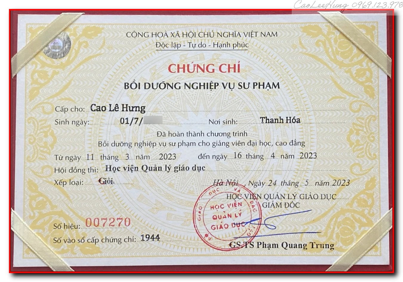 Chứng chỉ Bồi dưỡng Nghiệp vụ Sư phạm xếp loại Giỏi — Thầy Cao Le Hung, Aurora English Center Đà Nẵng