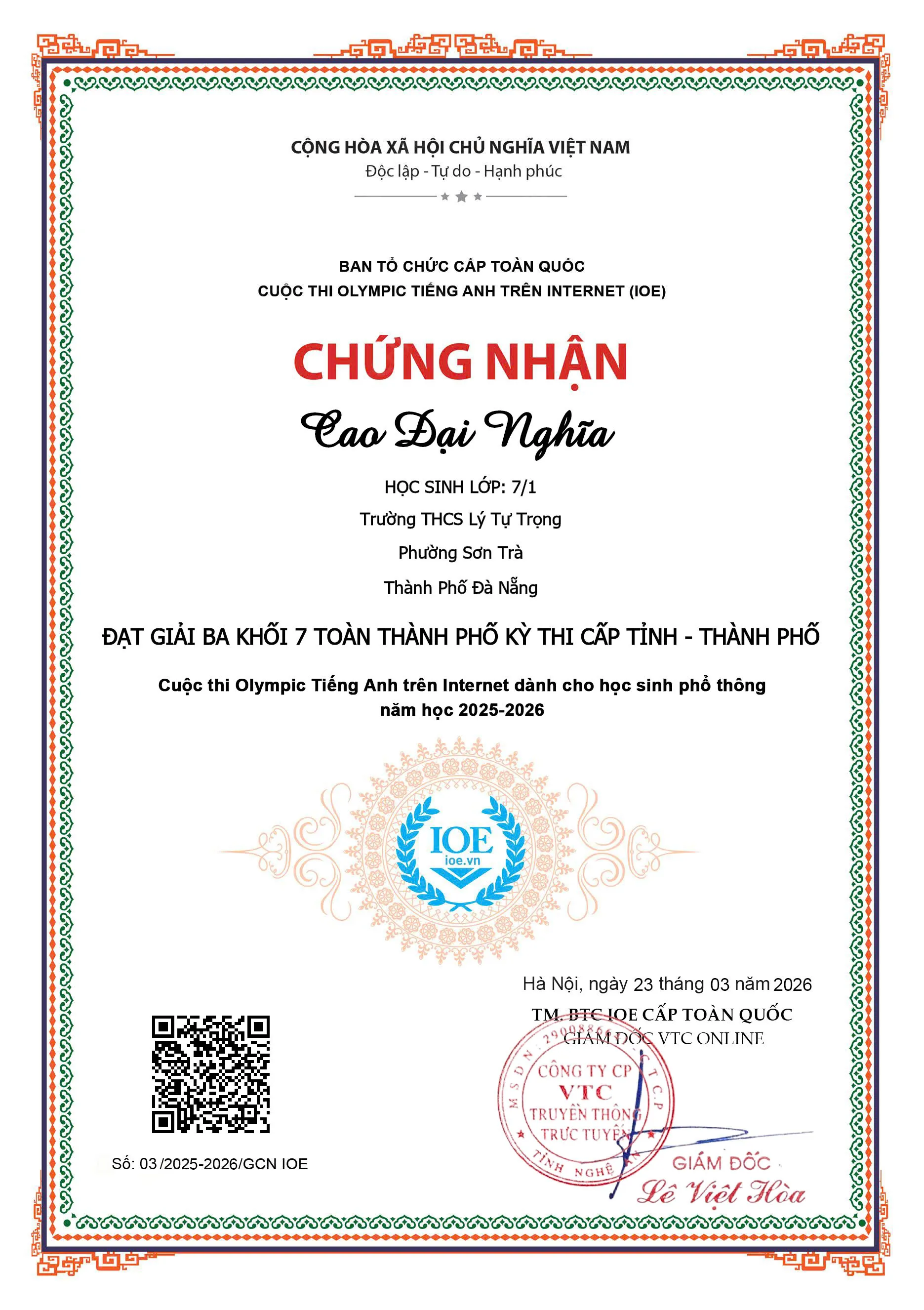 Chứng nhận IOE giải Ba cấp Tỉnh khối 7 — Cao Đại Nghĩa (mặt 1)