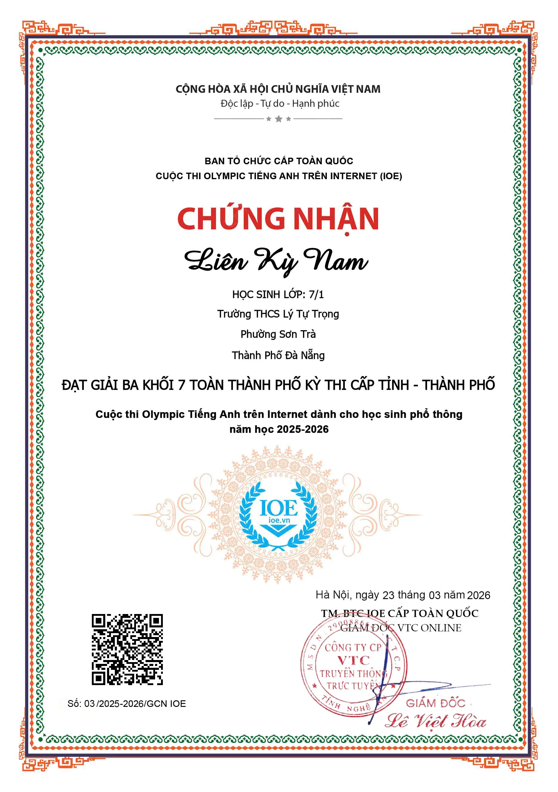 Chứng nhận IOE giải Ba cấp Tỉnh khối 7 — Liên Kỳ Nam (chi tiết)