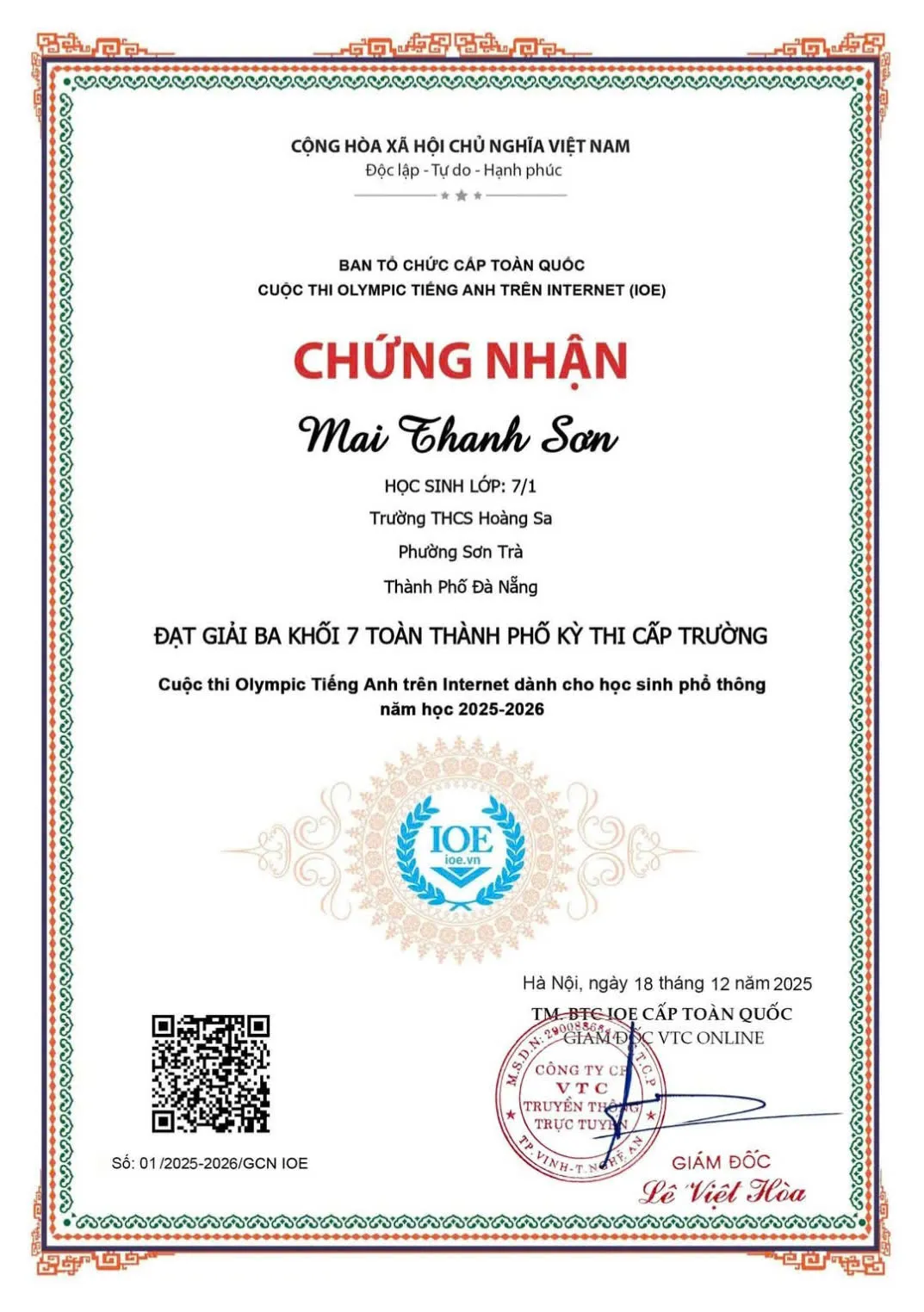 Chứng nhận IOE giải Ba cấp Trường khối 7 — Mai Thanh Sơn