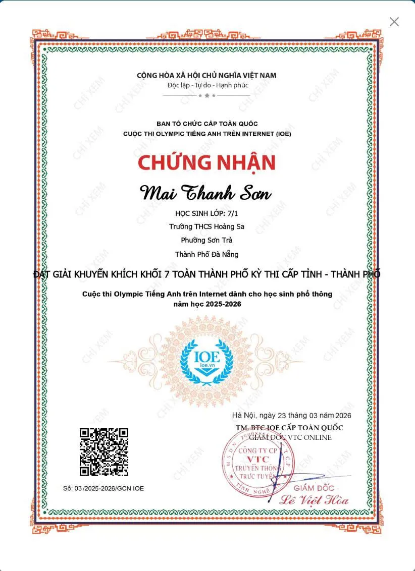 Chứng nhận IOE giải Khuyến Khích cấp Tỉnh — Mai Thanh Sơn (mặt 1)